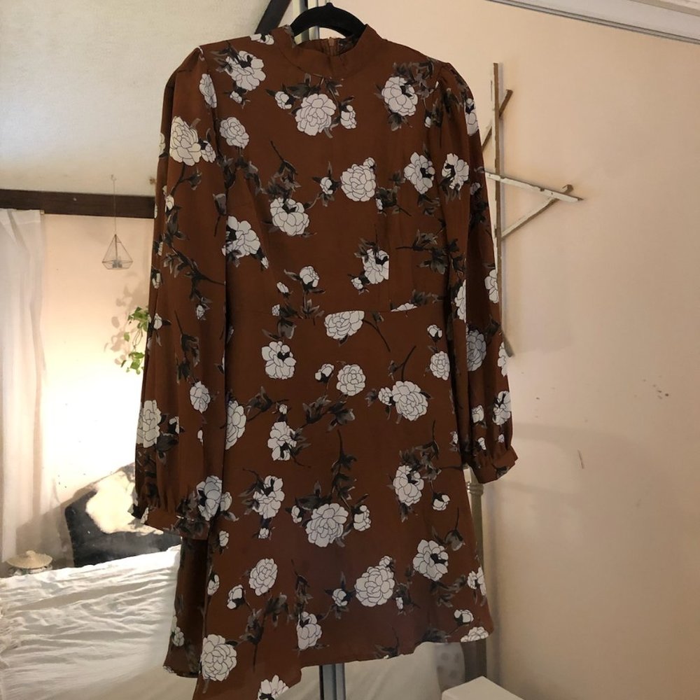 High Neck Dark Burnt Orange Floral Dress